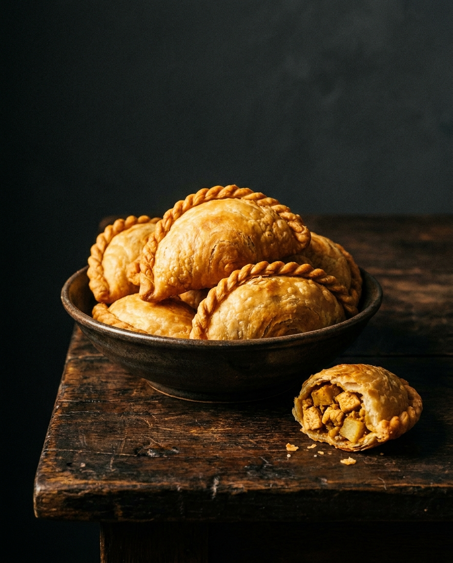 Golden Thai curry puffs in a serving bowl