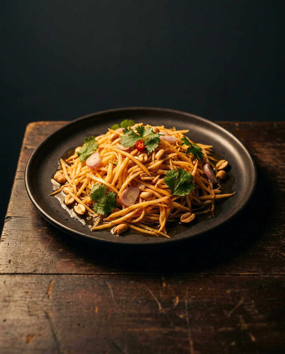 Thai green mango salad in a dark bowl