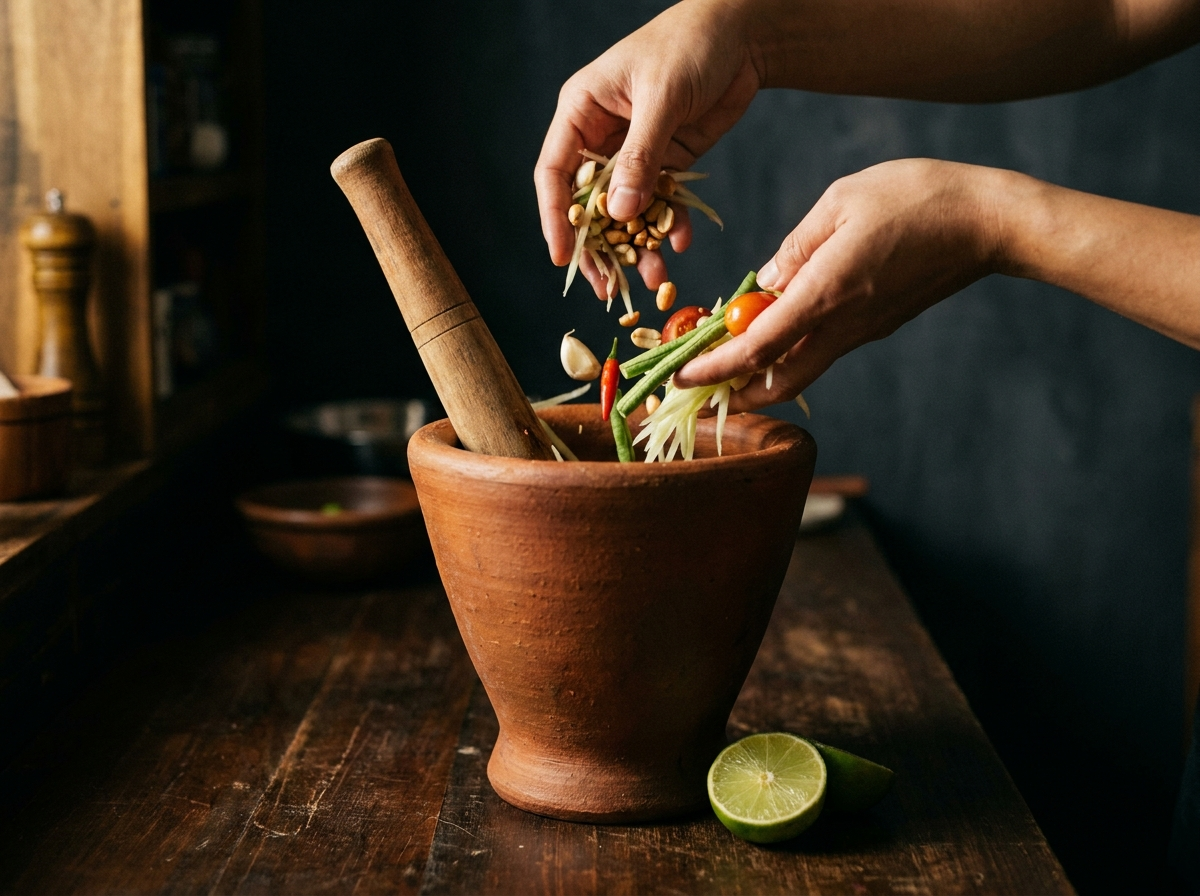 Hands adding green papaya, garlic and long beans to a Thai clay som tam mortar