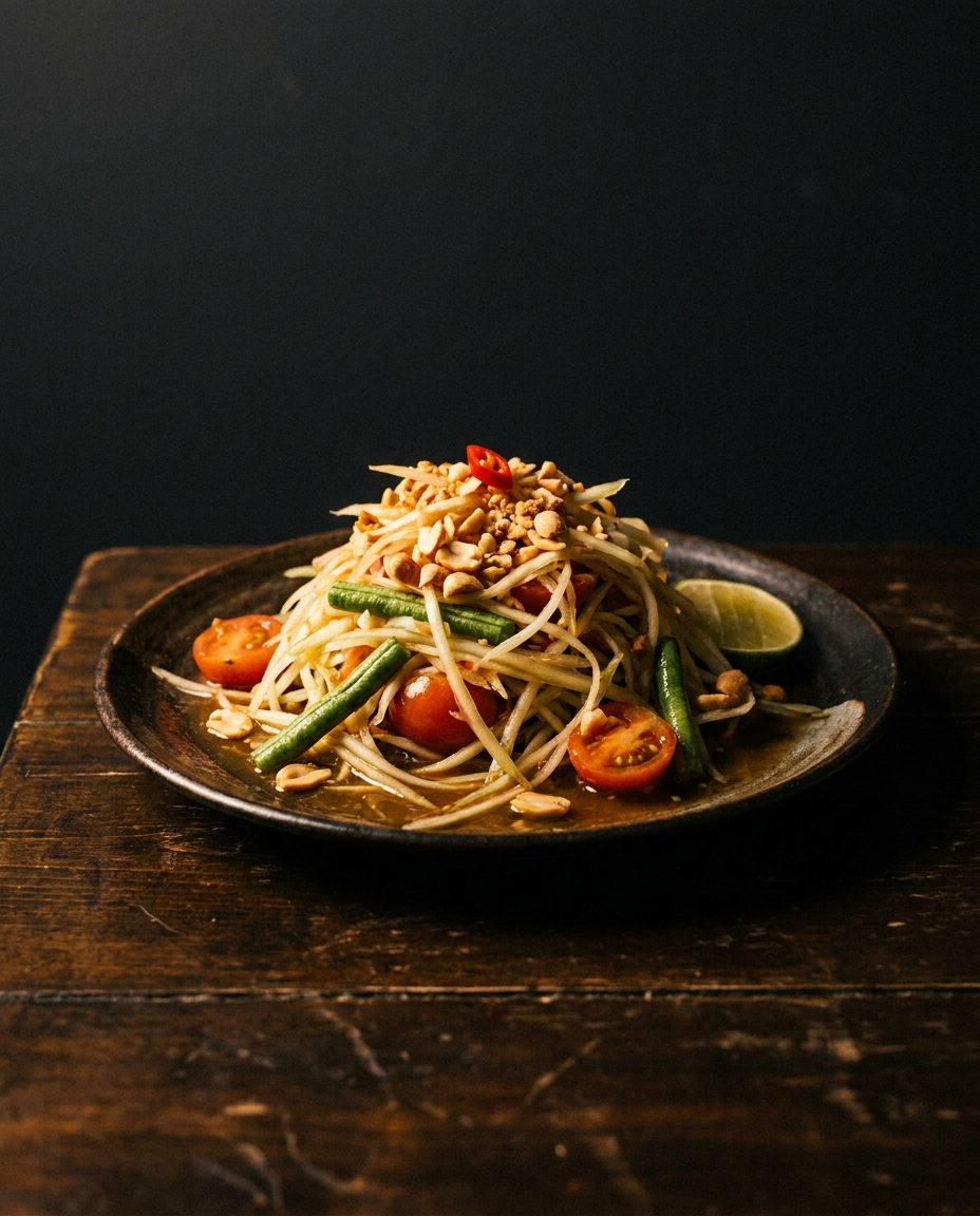 Green papaya salad on a dark plate